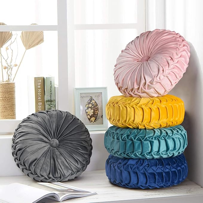HIG Set of 2 Decorative Round Pleated Throw Pillows, Classy Accent Pumpkin Throw Pillows with Center Button, Vintage Velvet Floor Pillows for Sofa Couch Vanity Chair Bed, Navy, 14.5" Diameter(Ripple)