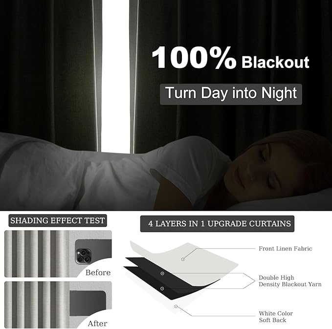 Grey Linen Blackout Curtains 95 Inch Long 2 Panels Back Tab Thermal Insulated Light Blocking Curtain for Living Room 100% Black Out Drape for Bedroom Neutral Rustic Farmhouse 52x95 Length Frost Grey