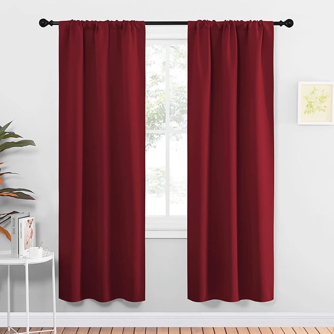 NICETOWN Christmas Burgundy Curtains Blackout Drape Panels - Lights Block Out Window Treatment Short Curtain Sets for Loft and Basement Decoration (Set of 2, 34 by 72-Inch)