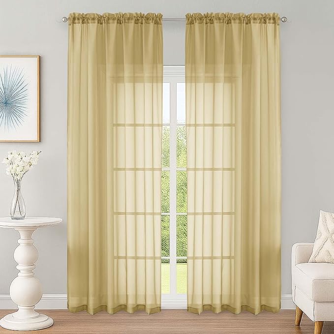 OWENIE Gold Sheer Curtain 90 Inches Long 2 Panels Set, Solid Filmy Drapes for Living Room Bedroom, Elegant Window Voile Sheer Curtain Panels Drapes, 2 Pcs, Each 59" Wx90 L Inch