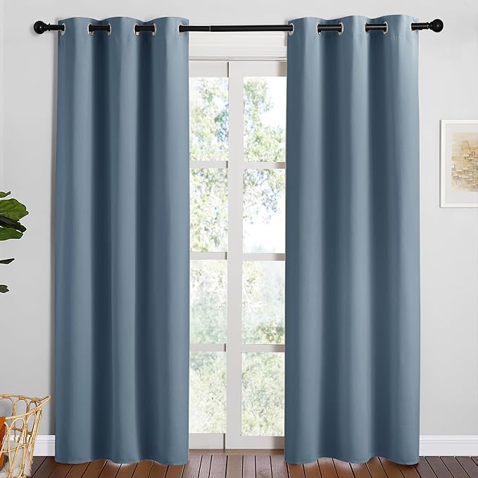 NICETOWN Smoky Blue Blackout Curtains 84 inches Length for Dining Room, 2 Panels, 34" Wide, Thermal Insulated Long Drapes for Window