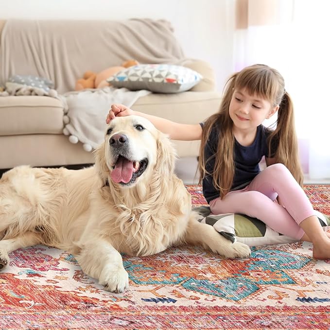 Yamaziot Washable Area Rug, 4x6 Non-Slip Boho Vintage Living Room Bedroom Rug with Rubber Backing, Low Pile Faux Wool Soft Distressed Rug Floor Carpet for Living Room, Laundry, Kids Playroom (Pink)