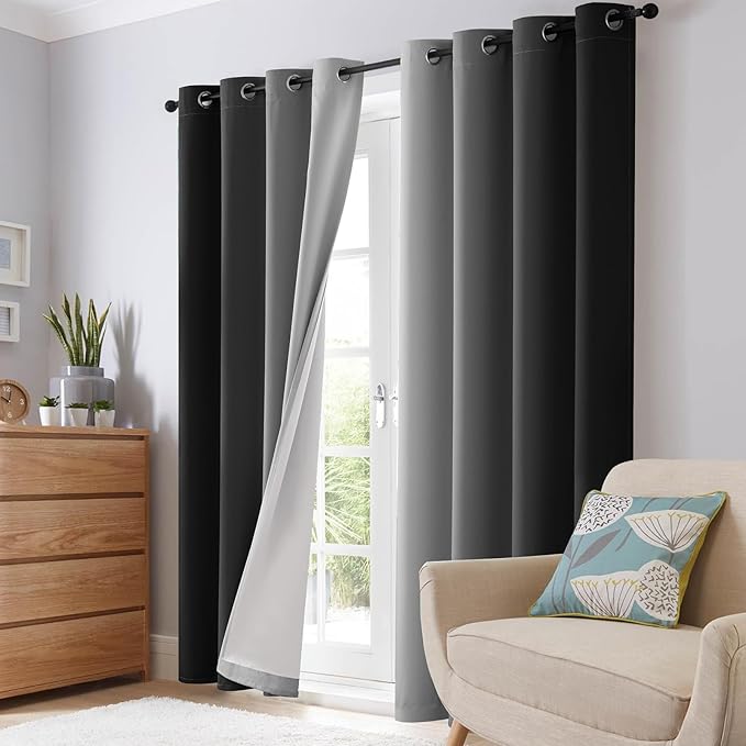 SimpleHome Ombre 100% Blackout Curtains for Bedroom 84 Inches Long, Black with White Liner Room Darkening Thermal Insulated Grommet Curtain/Drapes for Living Room,2 Panels Set