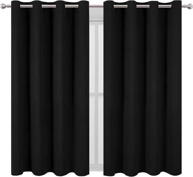 LEMOMO Black Blackout Curtains 52 x 63 Inch Length/Set of 2 Curtain Panels/Thermal Insulated Room Darkening Curtains for Bedroom and Living Room