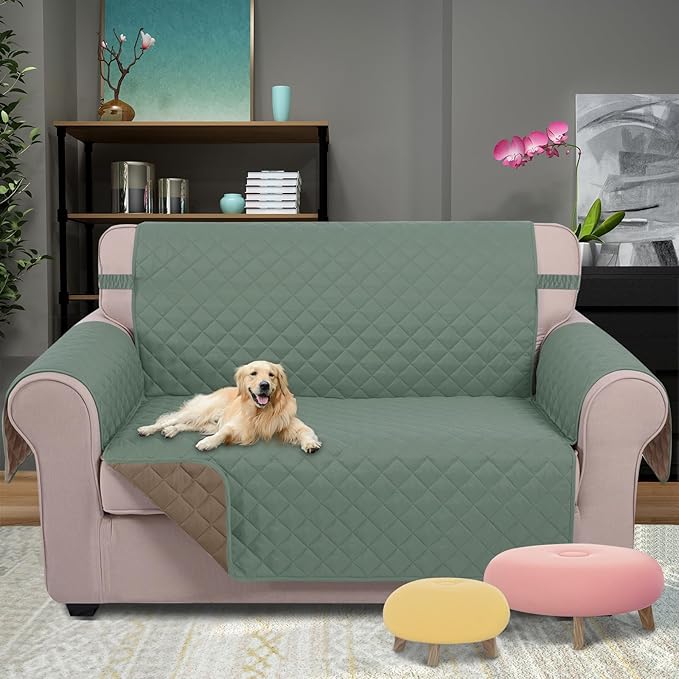 U-NICE HOME Loveseat Sofa Cover Reversible Couch Covers for 2 Cushion Couch for Dogs Furniture Protector Cover with Elastic Straps Water Resistant(Loveseat Small, Greyish Green/Taupe)