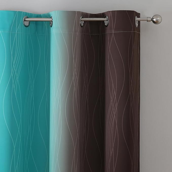 Estelar Textiler Brown and Teal Blackout Curtains & Drapes for Bedroom, Thermal Insulated Ombre Blackout Drapes, Room Darkening Energy Saving Curtains for Living Room, 42Wx63L, 2 Panels