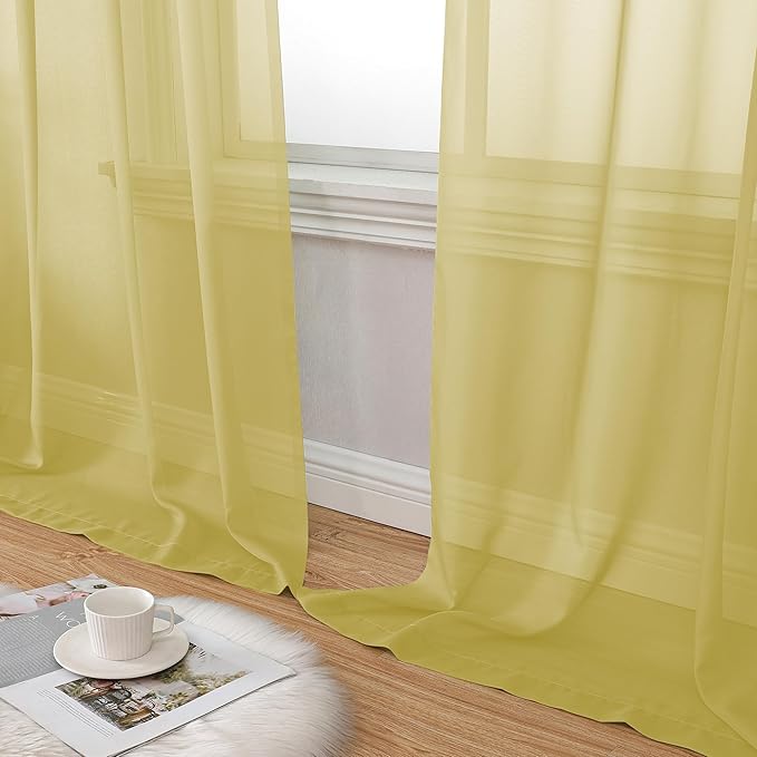 Aiyufeng Yellow Sheer Curtains 54 Inch Length 2 Panels Set, Light Filtering Airy Rod Pocket Yellow Window Curtain Treatment Drapes for Kitchen Bedroom Living, Each 42Wx54L Inches