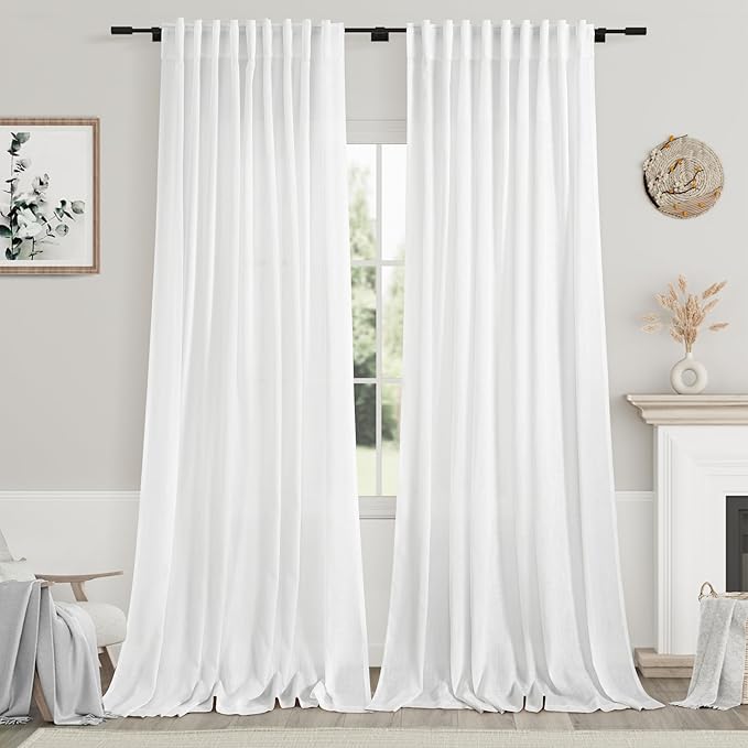 Nanspring White Linen Curtains 96 inches Long for Bedroom Back Tab Light Filtering Privacy Sheer Curtains Modern Farmhouse Coastal Decor White Cotton Textured Gauze Curtain 2 Panel Set 70x96