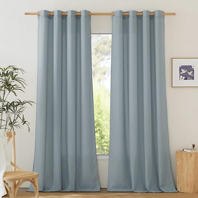 NICETOWN Linen Flax Semi Sheer Curtains 92" Length, Grommet Window Treatments Privacy Added with Light Penetration Vertical Drapes for Loft/Home Office, Stone Blue, W55 x L92, 2 Panels