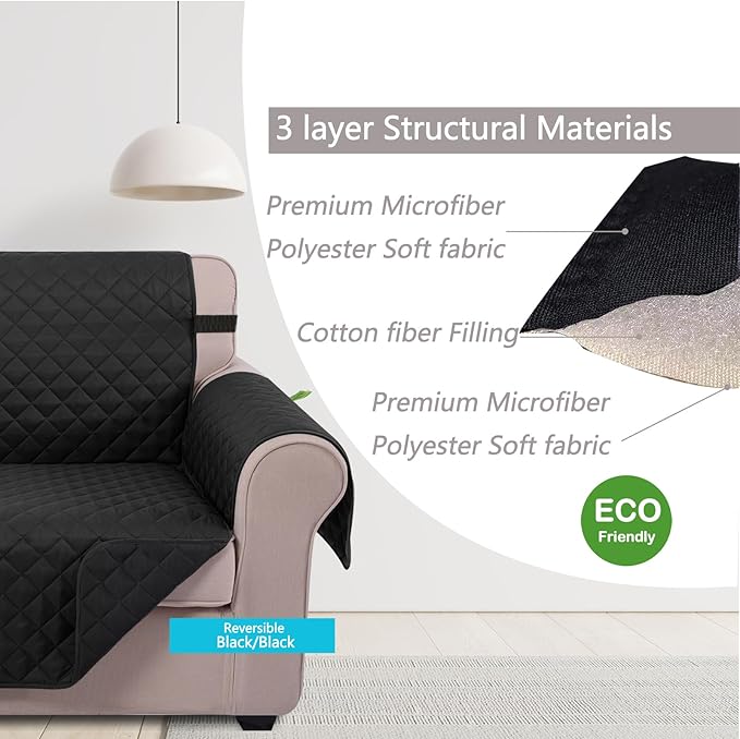 U-NICE HOME Loveseat Sofa Cover Reversible Couch Cover for Dogs with Elastic Straps Water Resistant Furniture Protector for Pets Couch Cover for 2 Cushion Couch (Loveseat, Black/Balck)