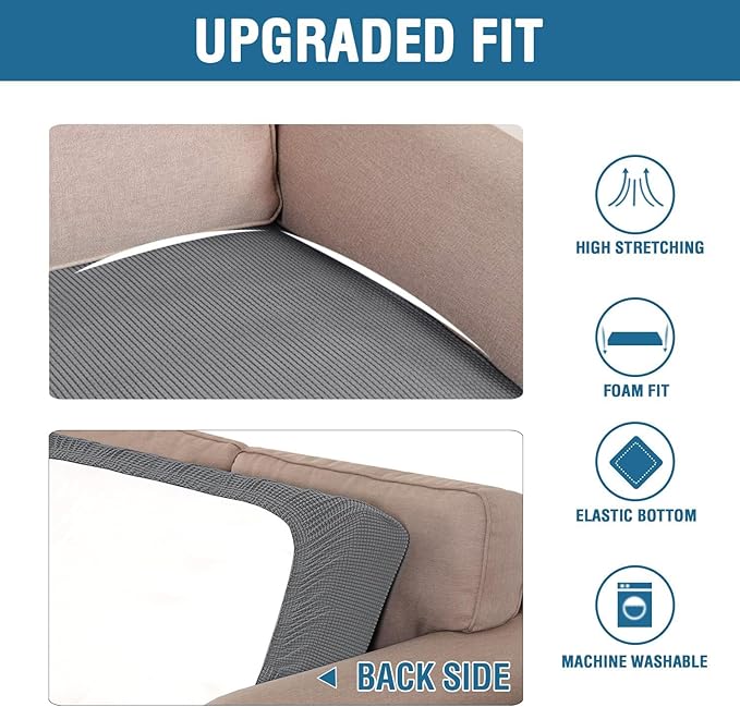 H.VERSAILTEX Super Stretch Individual Seat Cushion Covers Sofa Covers Couch Cushion Cover Slipcover Sets Thick Jacquard Textured Twill Fabric (3 Piece Sofa Cushion Covers, Grey) (Pack of 2)
