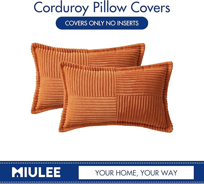 MIULEE Orange Decorative Lumbar Throw Pillow Covers for Couch Bed Livingroom 12x20 Inch Set of 2 Boho Accent Throw Pllows Broadside Striped Patchwork Soft Corduroy Pillowcases