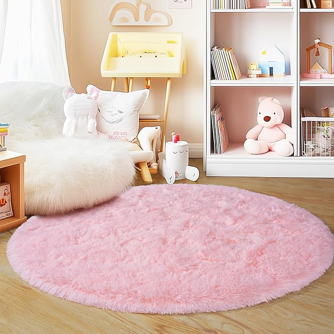 3'x3' Round Pink Rugs for Girls Bedroom, Ultra Soft Fluffy Circle Rug for Kids Room, Cute Small Shag Rugs for Living Room Playroom Tent Castle Home Decor Rug