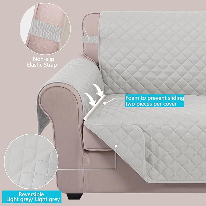 U-NICE HOME Reversible Sofa Cover Couch Cover for Dogs with Elastic Straps Water Resistant Furniture Protector for Pets Couch Cover for 3 Cushion Couch (Sofa, Light Grey/Light Grey)