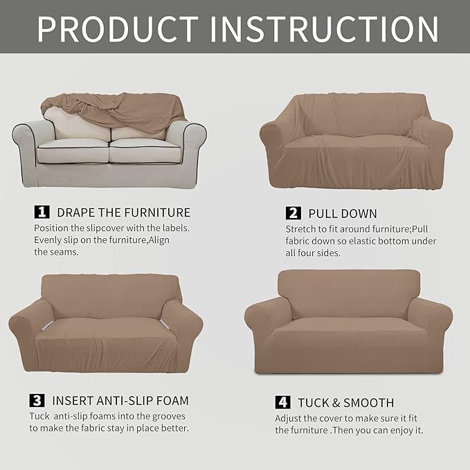 Easy-Going Stretch Sofa Slipcover 1-Piece Sofa Cover Furniture Protector Couch Soft with Elastic Bottom for Kids, Polyester Spandex Jacquard Fabric Small Checks (Sofa, Camel)