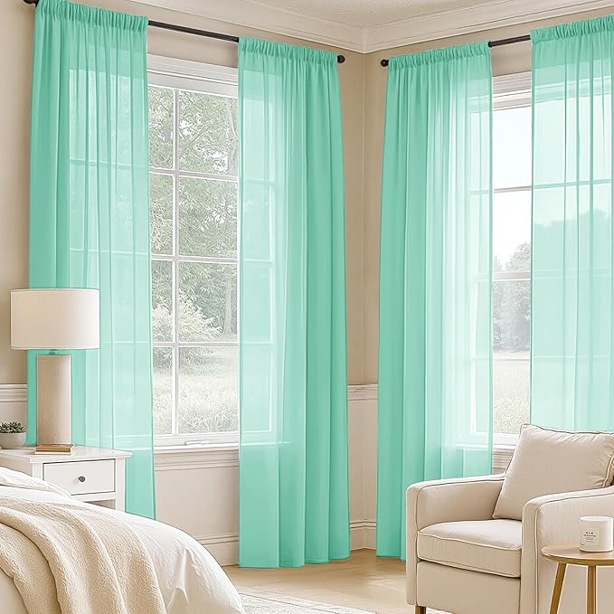 MIULEE Aqua Sheer Curtains 96 Inches Long, 4 Panels Set, Light Filtering Rod Pocket Voile Drapes for Living Room and Bedroom, Airy Soft Fabric Window Treatments, 42 x 96 Inches