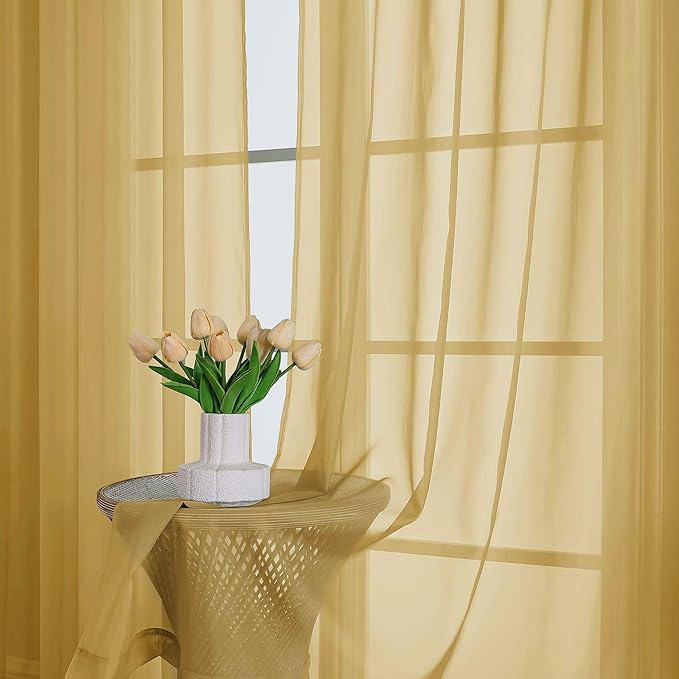 Chyhomenyc Gold Sheer Curtains 63 Inches Long 2 Panels, Light Filtering Bright Lightweight Curtains for Living Room, Soft Gentle Voile Rod Pocket Bedroom Window Drapes, 59Wx63L Inch, 2PCS