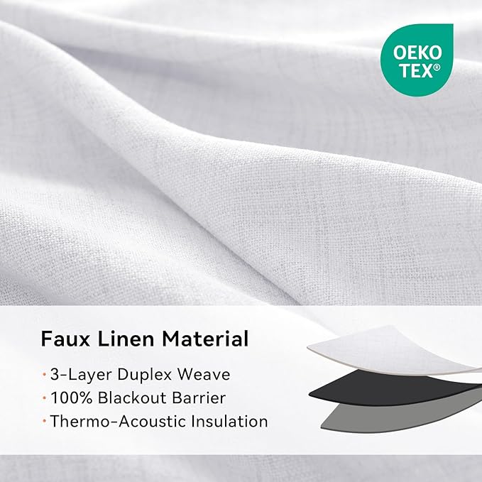 100% Blackout Shield Linen Blackout Curtains for Bedroom, Bright White Grommet Curtains for Living Room, Thermal Insulated Room Darkening Drapes for Nursery, Boho Home Decor, 50" W x 90" L, 2 Panels