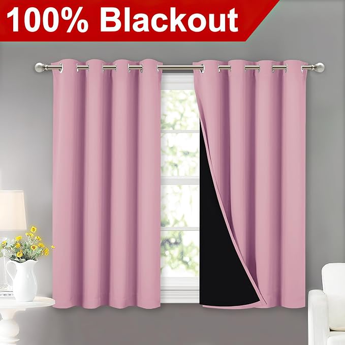NICETOWN 100% Blackout Curtains with Black Liners, Thermal Insulated Full Blackout 2-Layer Lined Curtains, Energy Efficiency Window Draperies for Dining Room (Crystal Pink, 2 Panels, 52" W by 45" L)