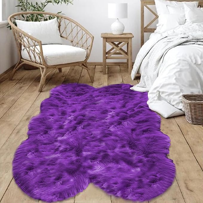 Goolela Purple Fluffy Sheepskin Rug 4x6 for Bedroom Bedside Fuzzy Furry Purple Faux Fur Shag Carpet Plush Sheepksin