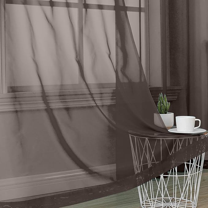 OVZME Chocolate Brown Sheer Curtains 84 Inches Long 2 Panels, Light Filtering Sheer Curtains for Living Room Bedroom, Rod Pocket Sheer Brown Drapes Window Treatments, Each 42Wx84L