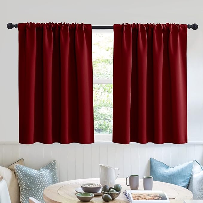 RYB HOME Short Blackout Curtains for Small Window, Sunmmer Heat Light Blocking Privacy Protection Curtains for Sunroom Laundry Room Stair Window, Width 52 by Length 36, Burgundy Red, Set of 2