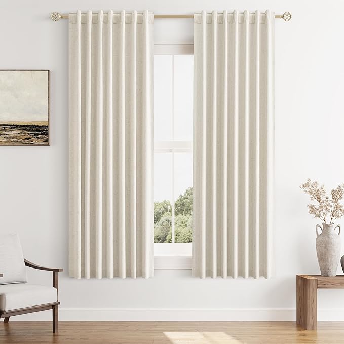 Guken 100% Blackout Linen Curtains 63 Inch Length 2 Panels Set for Living Room Bedroom Back Tab Thermal Insulated Black Out Drapes Room Darkening Farmhouse Style for Bedroom Window Curtains 52x63
