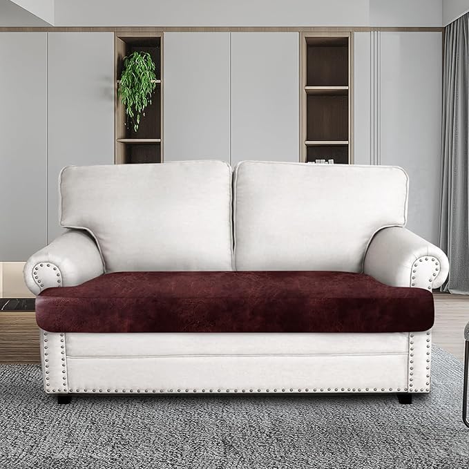 Leather Look Couch Cushion Covers Sofa Seat Slipcovers Sets Couches Furniture Protector for Sectional Armchair Loveseat Pets Kids Stretch Spandex Fabric (1 T-Cushion loveseat, Burgundy)