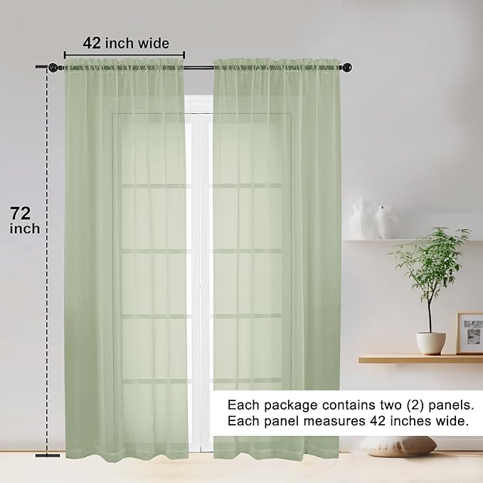 OWENIE Sheer Curtains 72 Inches Long 2 Panels Set, Light Filtering Sheer Curtain Rod Pocket Clear Drapes for Living Room Bedroom Window Sliding Door, Each 42 x 72 Inch, Light Green
