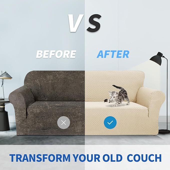 ZNSAYOTX 1 Piece Jacquard Couch Covers for 2 Cushion Couch High Stretch Loveseat Slipcover for Pets Dogs Anti Slip Love Seat Sofa Slipcover Furniture Protector (Loveseat, Light Beige)