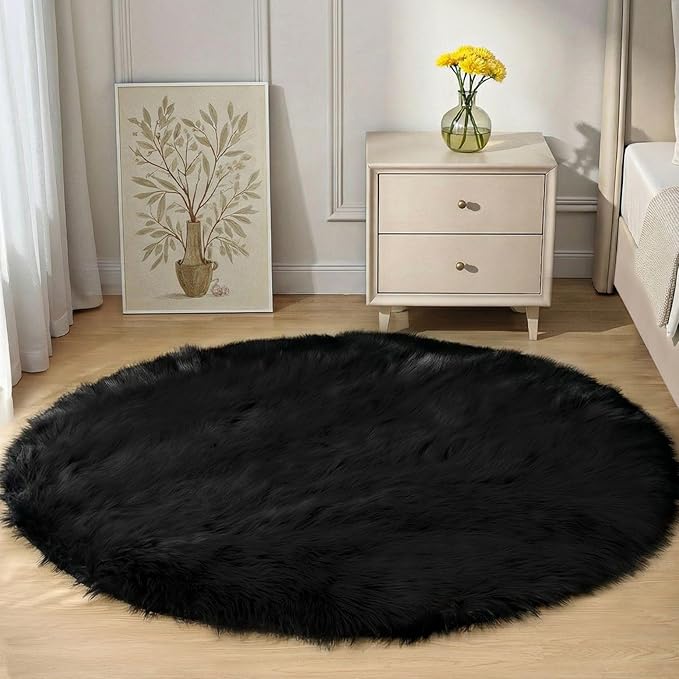 Goolela Black Round Rug 4ft Circle Fluffy Fuzzy Furry Rug for Bedroom Living Room Dorm Faux Sheepskin Fur Shaggy