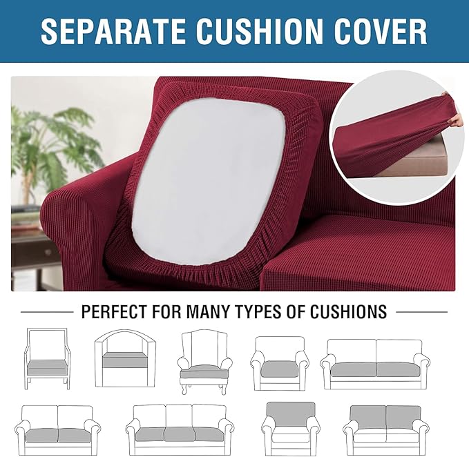 H.VERSAILTEX 4 Piece Stretch Sofa Covers for 3 Cushion Couch Covers for Living Room Furniture Slipcovers (Base Cover Plus 3 Seat Cushion Covers) Thicker Jacquard Fabric (Large Sofa, Burgundy)