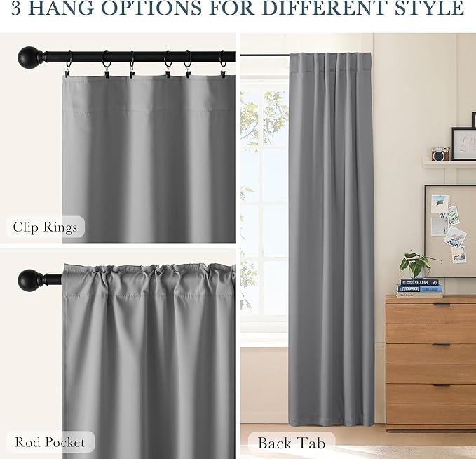 PONY DANCE Blackout Curtains for Bedroom, Room Darkening 96 inch Curtains 2 Panel Set, Thermal Insulated Drapes for Living Room Window Treatment, Back Tab/Rod Pocket, 52 x 96 Inch, Silver Grey