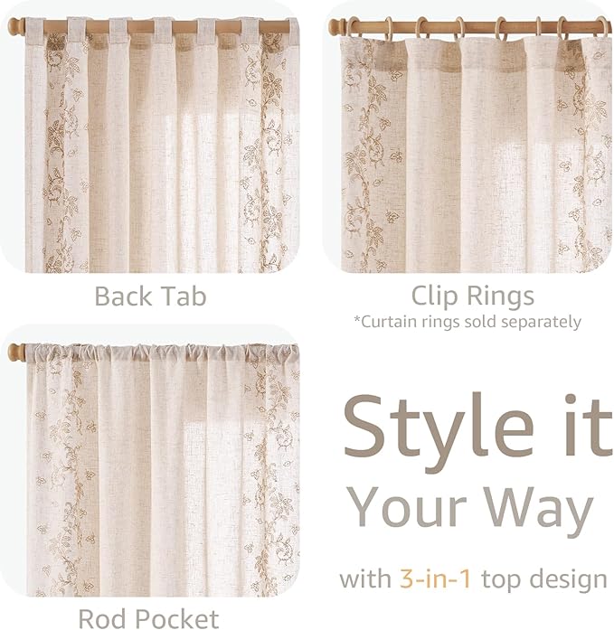 jinchan Evelyn Embroidered Linen Curtains for Living Room Elegant Farmhouse Decor Beige Floral Curtains Semi Sheer Light Filtering Window Drapes for Bedroom Rod Pocket Back Tab 2 Panels W50 x L84