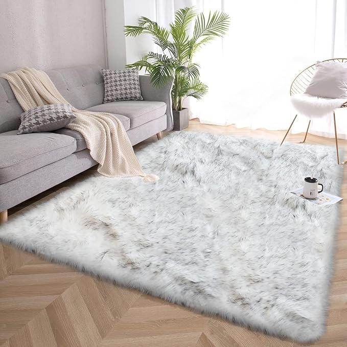 Goolela Sheepskin Area Rug 9x12 Fluffy Fuzzy Furry Rug for Living Room Bedroom Faux Fur Shaggy Plush Rectangle - White with Grey Tips