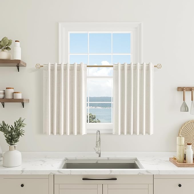 Guken 100% Blackout Cream Linen Curtains 40 Inch Wide by 36 Inch 2 Panels Set for Living Room Bedroom Back Tab Thermal Insulated Black Out Linen Drapes Room Darkening Window Curtains