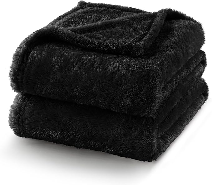 Exclusivo Mezcla Plush Fuzzy Fleece Bed Blanket Queen Size, Super Soft, Fluffy and Warm Blankets for Couch, Bed, All Season (Black, 90x90 inches)