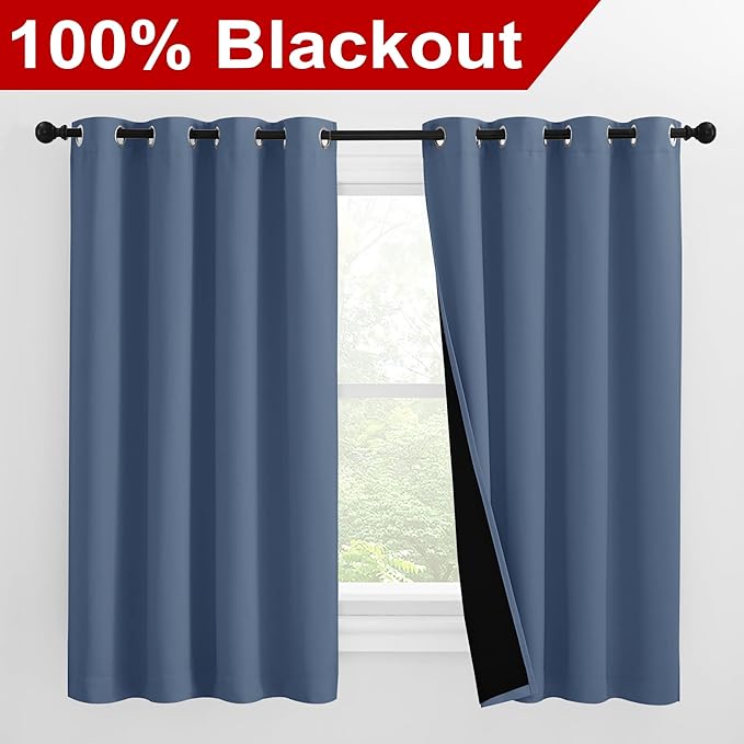 NICETOWN Noise Reducing 100% Blackout Curtains with Black Liners, Thermal Insulated 2-Layer Drapes, Energy Efficiency Window Draperies for Boy's Room (Stone Blue, 2 Panels, 55-inch W by 57-inch L)