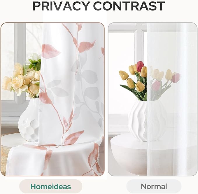 HOMEIDEAS Non-See-Through Pink and White Privacy Sheer Curtains 52 X 63 Inch Length 2 Panels, Leaf Floral Printed Light Filtering Semi Sheer Window Curtains Drapes for Bedroom Living Room