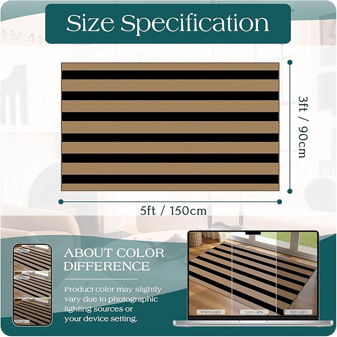 Black Tan Striped Entry Rug - 3x5 Ft Washable Indoor Outdoor Front Door Mat Outside Entrance Front Porch Mat Non-Slip Floor Carpet for Living Room Bedroom Entryway Kitchen Office Porch Decor
