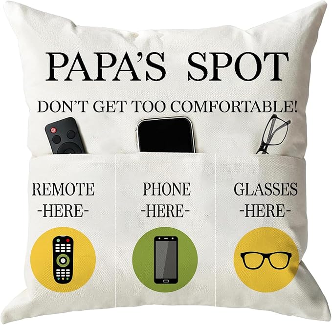 ONFAON Papa Gifts Throw Pillow Case, Papa's Spot Throw Pillow Covers 18 x 18 Inch,Put Phone Glasses and Remote Control Pillowcase,Birthday Christmas Thanksgiving Day Gifts for Papa Stepdad 3-Pocket