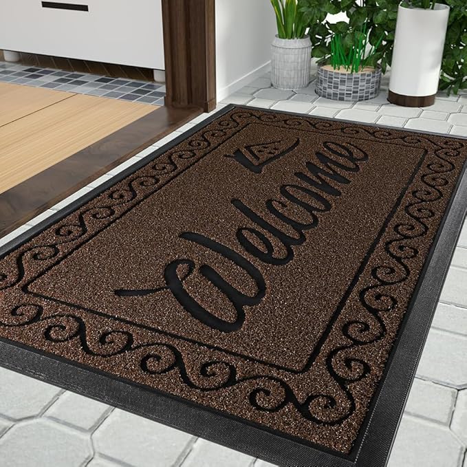 Yimobra Welcome Mat, Heavy Duty Sturdy Door Mats for Home Entrance Outdoor Indoor, Front Doormat for Outside Patio Floor Entry Porch Garage Office, Waterproof, Low Profile, 36x24, Coffee