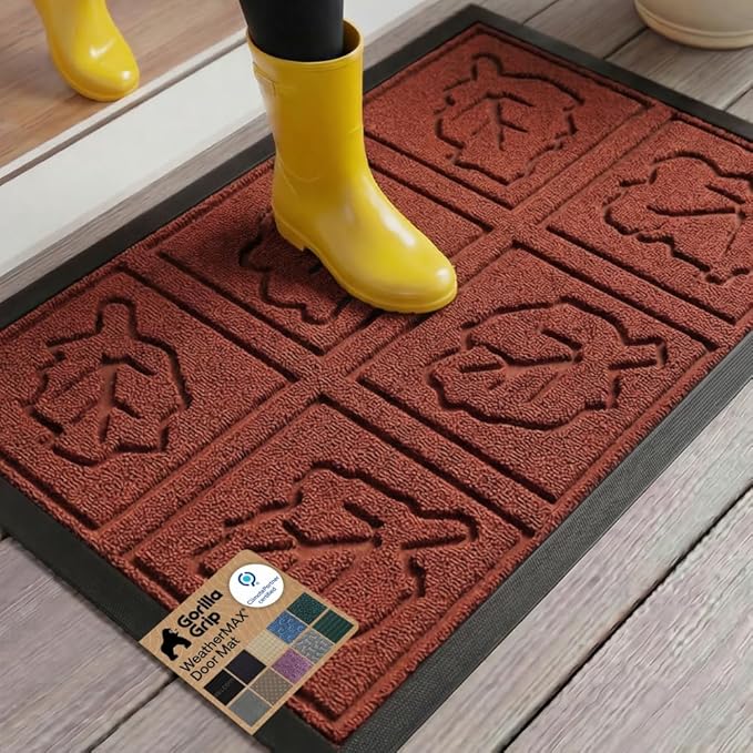 GORILLA GRIP 100% Waterproof All-Season WeatherMAX Doormat, US Designed Natural Rubber, Stain and Fade Resistant, Low Profile Indoor Outdoor Door Mats, Easy Clean Patio Mat, 29x17, Burgundy Leaves