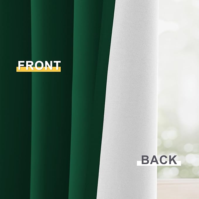 Yakamok 100% Blackout Curtain Panels 84 inches Cold and Light Blocking Drapes for Nursery, 2 Thick Layers Thermal Insulated Draperies (2 Pieces, 50 Wide Each Panel, Dark Green/White Backing)