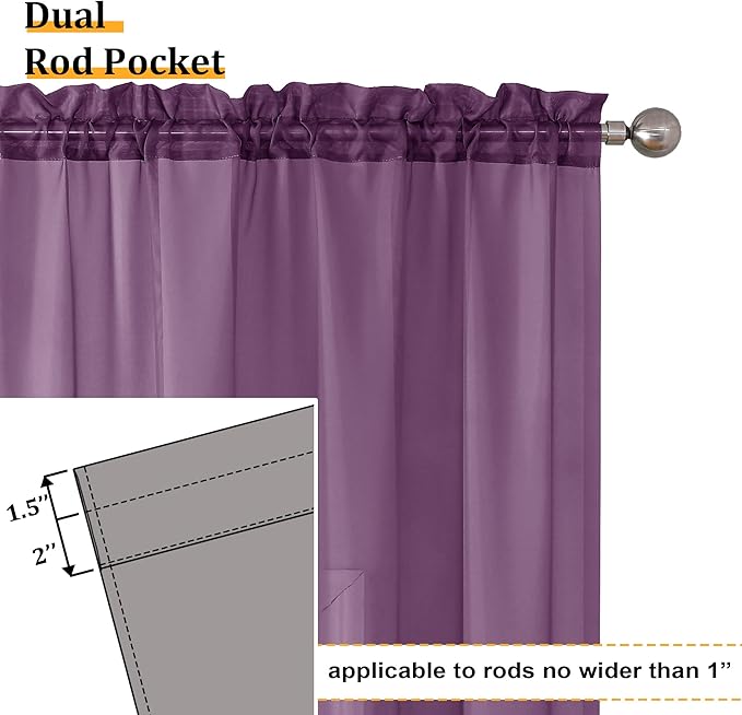 Aiyufeng Plum Purple Sheer Curtains 63 Inches Long 2 Panels Set, Solid Voile Top Dual Rod Pockets Stylish Breathable Drapes Window Treatment for Kid's Room/Bedroom/Living Room, 40W x 63L inches