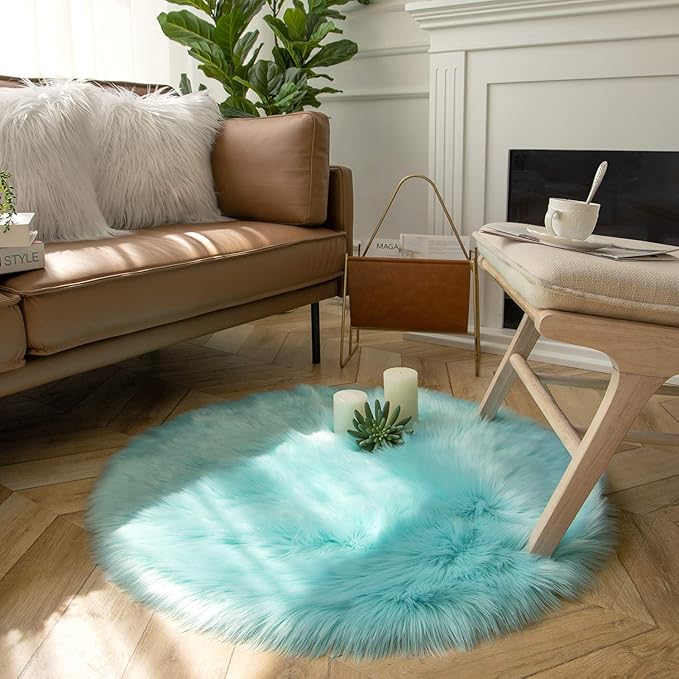 Ashler faux fur rug, Fluffy Shaggy Area Rug Ultra Soft 3 x 3 Feet Round Fur Rug, Turquoise Fuzzy Rug Machine Washable Shag Rug, Nursery Decor Throw Rugs for Bedroom, kids room, Living Room