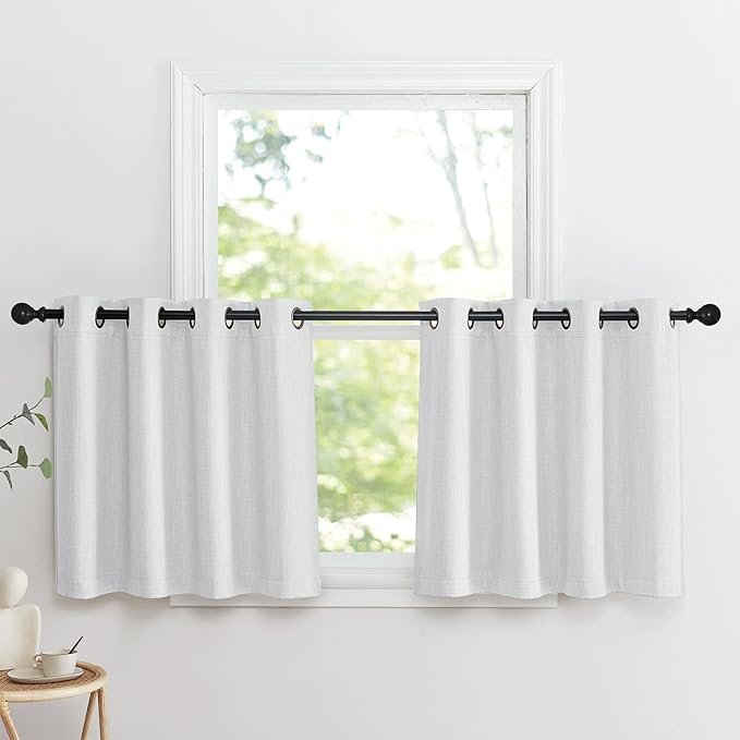 NICETOWN Faux Linen Curtain Valances for Kitchen Over Sink, Farmhouse Light Filtering Privacy Window Covering for Bathroom, Short Curtains for Cabinet, W52 x L24 inch, 2 Panels, Greyish White