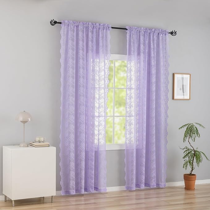 YJ YANJUN Vintage Lace Curtains 72 Inches Long-Victorian Floral Pattern Lavender Sheer Curtain Panels for Living Room Bedroom, Romantic Girls Room Decor 2 Panels 52W x 72L Light Purpel