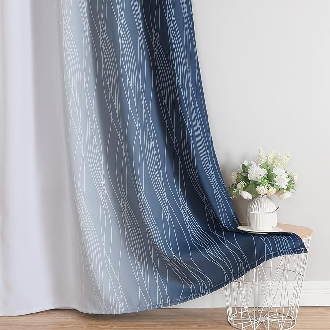 Estelar Textiler Full Room Darkening Greyish White and Navy Blue Blackout Curtains 54 Inch Length 2 Panels Set,Ombre Thermal Insulated Full Light Blocking Grommet Blackout Drapes for Kitchen,52Wx54L