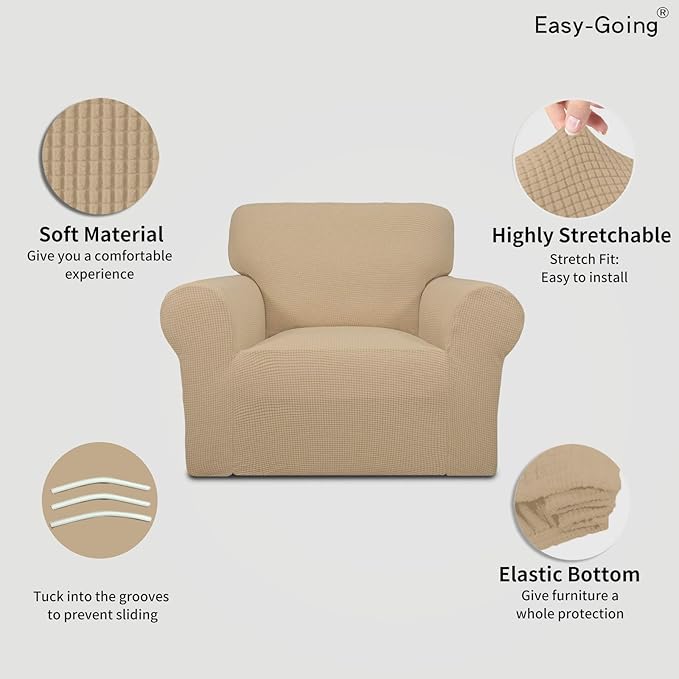 Easy-Going Stretch Chair Sofa Slipcover 1-Piece Couch Sofa Cover Furniture Protector Soft with Elastic Bottom for Kids, Pet. Spandex Jacquard Fabric Small Checks (Chair, Sand)